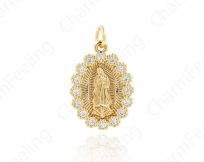 Micropavé Cubic Zirconia Strip Pendant, 18K Gold Filled Virgin Mary Pendant, Virgin Necklace, DIY Jewelry Components 23.5x15x2.5mm