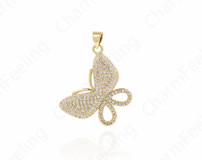 Butterfly Charm, Micropavé CZ Insect Charm, Butterfly Pendant, 18K Gold Filled Butterfly Necklace, DIY Jewelry Supplies, 25x26x2.5mm
