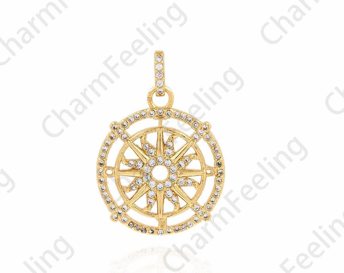Micropavé CZ Round Pendant, Wheel Charm, 18K Gold Filled Flower Pendant, Lucky Wheel Charm, DIY Jewelry Supplies, 21x30x3.2mm