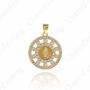 Round Virgin Mary Medal Necklace,Micropavé CZ Virgin Mary Charm,18K Gold Filled Virgin Mary Charm DIY Jewelry Supplies,27.6x20.2x2.3mm