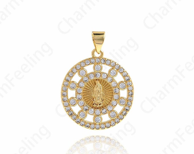 Round Virgin Mary Medal Necklace,Micropavé CZ Virgin Mary Charm,18K Gold Filled Virgin Mary Charm DIY Jewelry Supplies,27.6x20.2x2.3mm