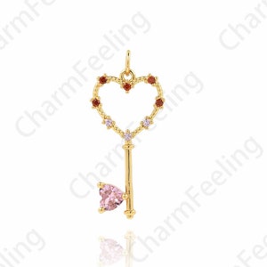 Key Charm, Micropavé CZ Heart-Shaped Key Pendant, 18K Gold Filled Key Necklace, Heart-Shaped Necklace 32x14.5x2mm