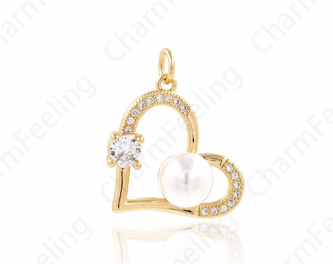 Micropavé CZ Heart Pendant, 18K Gold Filled Love Necklace, Pearl Heart Pendant,Love Charm, Gift for Her, DIY Jewelry Accessories,23x17.7x9mm