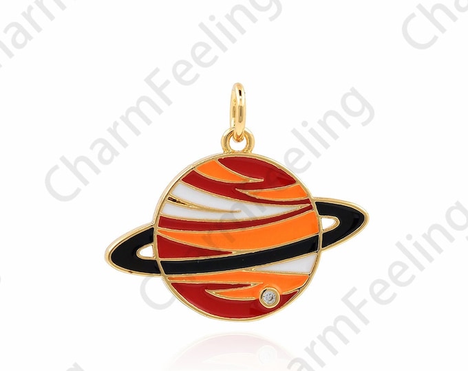 18K Gold Filled Saturn Necklace, Micropavé CZ Planet Pendant, Space Bracelet, Enamel Star Pendant, DIY Jewelry Accessories 20x23x1.5mm