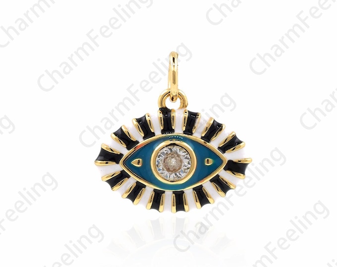 Micropavé CZ Eye Pendant, 18K Gold Filled Enamel Eye Necklace, Enamel Charm, DIY Jewelry Accessories, 16x15x2.5mm