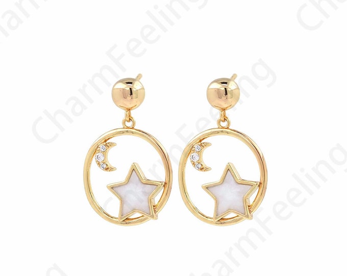 Round Stud Earrings, Micropavé CZ Moon Earrings, Star Earrings, 18K Gold Filled Dainty Earrings, Gift For Her, DIY Jewelry Supplies, 21x14mm