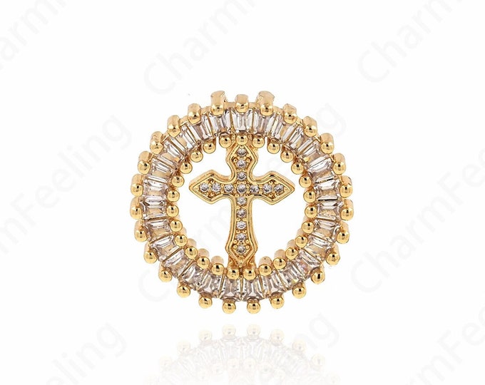 18K Gold Filled Cross Charm, Round Cross Pendant, MicroPave Cross Necklace, DIY Jewelry Making Accessories 21x21x3.5mm
