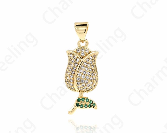 Micropavé CZ Rose Pendant,Rose Charm, 18K Gold Filled Plant Necklace, Rose Necklace, Plant Charm, 27x10x5mm