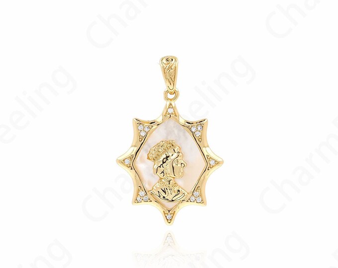 Micropavé CZ Engraved Necklace, Figure Pendant, 18K Gold Filled Figure Charm, Vintage Charm, DIY Jewelry Supplies, 37.5x23.5x4mm