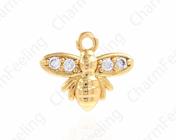 Micropavé CZ Bee Pendant, 18K Gold Filled Insect Necklace, Insect Charm, Bee Charm, DIY Jewelry Supplies, 9x7.5x1.5mm