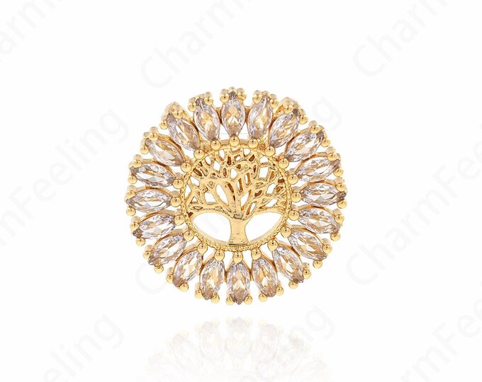 Tree Of Life Charm, Micropavé CZ Plant Charm, 18K Gold Filled Round Pendant, Tree Of Life Necklace,DIY Jewelry Accessories,24x24x3.5mm