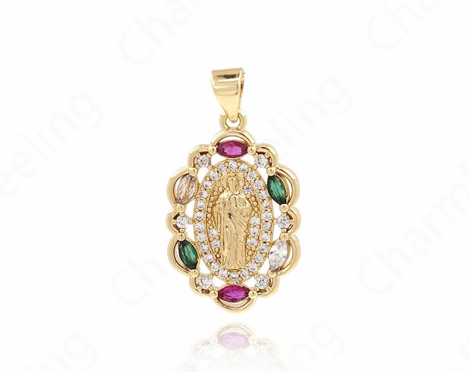 St. Juda Pendant, Micropavé CZ Religious Charm, 18K Gold Filled Figure Necklace, DIY Jewelry Supplies, 27x15x2.5mm
