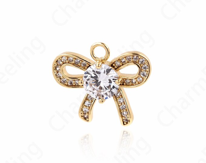 Micropavé CZ Knot Charm, 18K Gold Filled Bow Charm, Gold Bow Necklace, Bow Pendant, DIY Jewelry Supplies, 14x17x4mm