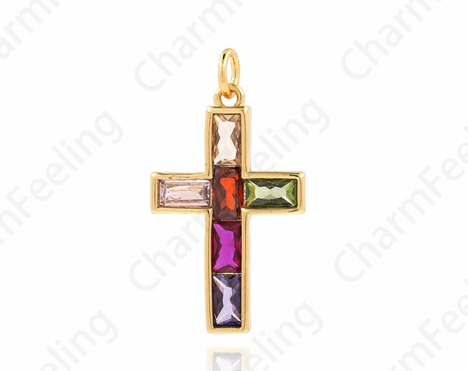 Micropavé CZ Cross Necklace,Christian Charm,18K Gold Filled Cross Pendant,Cross Charm,Religious Charm,DIY Jewelry Accessories,15.3x27.5x28mm