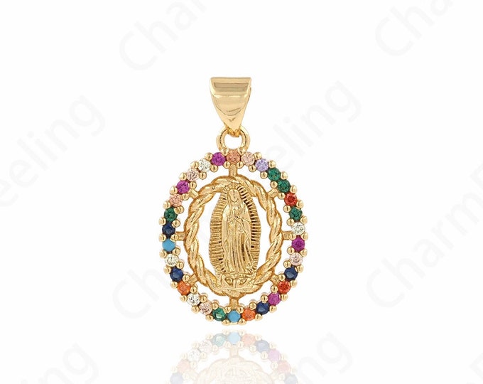 Micropavé Cubic Zirconia Strip Pendant, 18K Gold Filled Virgin Mary Pendant, Virgin Necklace, DIY Jewelry Components 24x14.8x3.5mm