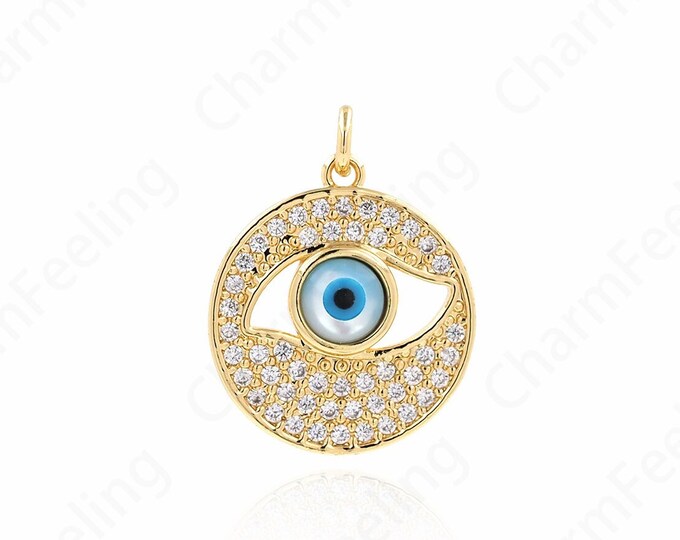 Micropavé CZ Enamel Eye Charm, 18K Gold Filled Round Eye Pendant,Eye Pendant, DIY Jewelry Accessories, 25x19x3.5mm