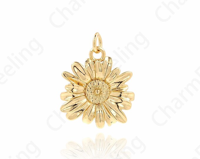 Flower Charm, Carved Necklace, 18K Gold Filled Round Pendant, Plant Pendant, Plant Charm, DIY Jewelry Accessories, 17.5x14x2mm