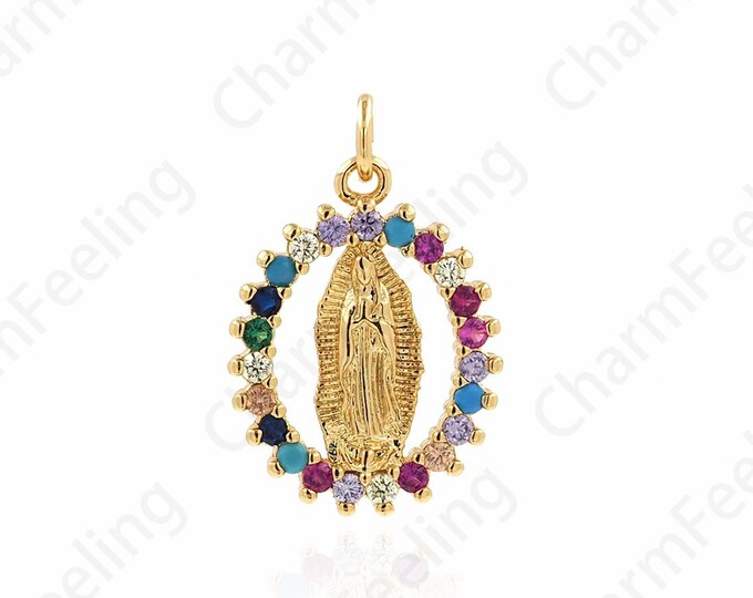 Virgin Mary Pendant, 18K Gold Filled Virgin Necklace, Micropavé Cubic Zirconia Strip Pendant, DIY Jewelry Components 15.4x23x2mm