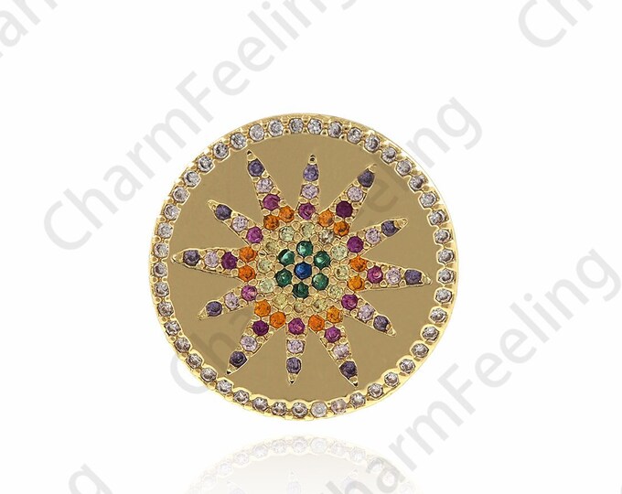 18K Gold Filled Round Coin Pendant, Micropavé CZ Sunshine Pendant, Star Necklace, Sun Charm, DIY Jewelry Accessories 18x18x1.5mm