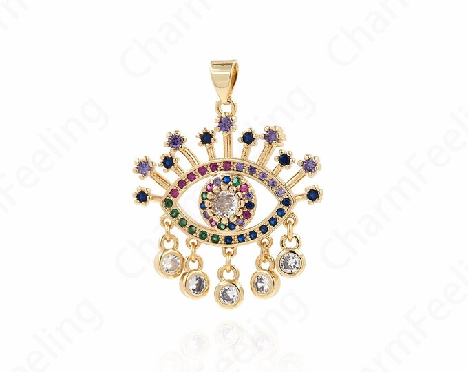 MicroPave CZ Eye Charm, Tassel Charm, Tassel Pendant, 18K Gold Filled Eye Pendant, DIY Jewelry Supplies, 33x27x4.5mm