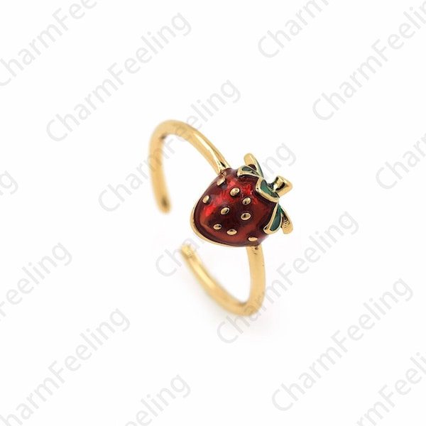 18K Gold Filled Strawberry Enamel Ring, Enamel Charm, Strawberry Charm, Enamel Multicolor Ring, Golden Open Ring,Adjustable Ring, Fruit Ring