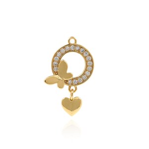 Colgante de mariposa, amuleto de corazón Micropavé CZ, collar circular, collar volador lleno de oro de 18 quilates, colgante de amor, suministros de joyería de bricolaje, 14x6.5x2.5mm