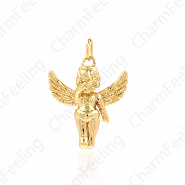 Weeping Angel Charm, 18K Gold Filled Angel Pendant, Cupid Charm, Eros Necklace, DIY Jewelry Supplies, 17.5x23.5x6mm