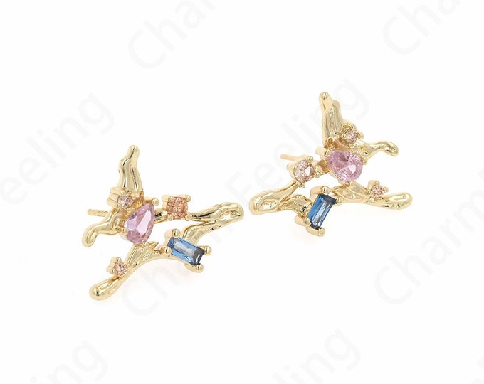 Micropave CZ Butterfly Earrings, Insect Earrings, 18K Gold Filled Butterfly Earrings, Butterfly Charm, Animal Charm 19.5x20.6x16mm