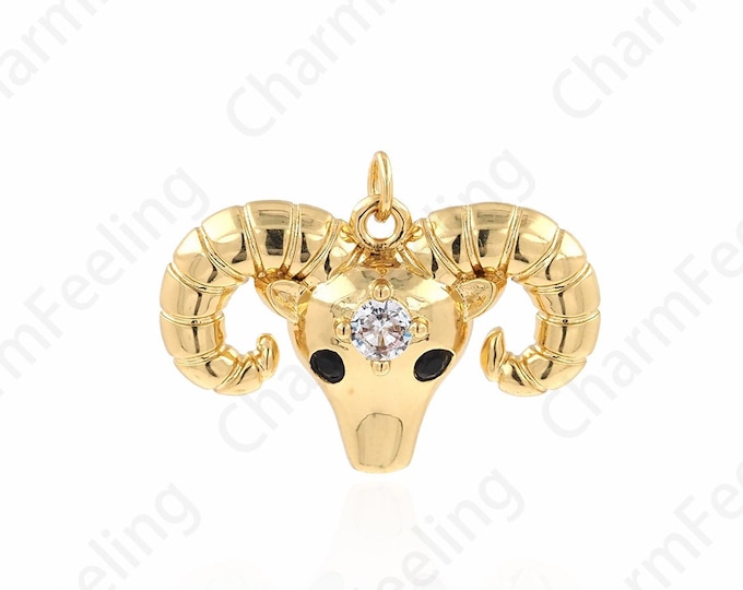 Sheep Head Pendant, Micropavé CZ Animal Charm, Sheep Charm, 18K Gold Filled Tribal Totem Charm, DIY Jewelry Supplies, 24.5x17x5mm