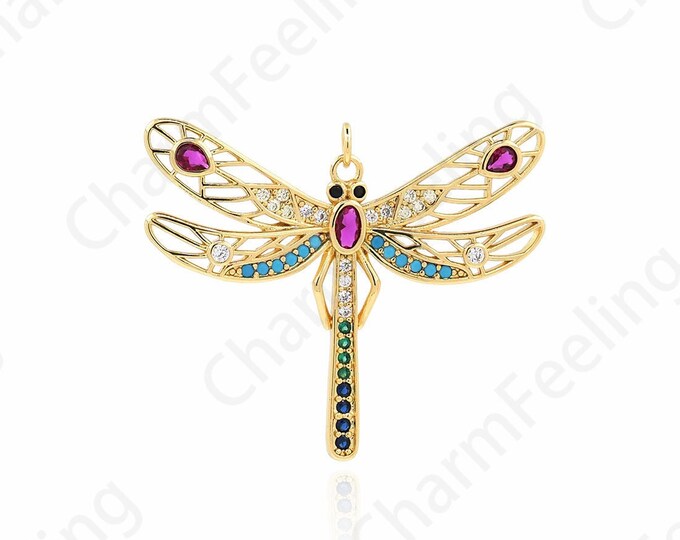 Micropavé CZ Dragonfly Pendant, 18K Gold Filled Wings Necklace, Insect Charm, Flying Charm, DIY Jewelry Making Supplies,39x45x2.7mm