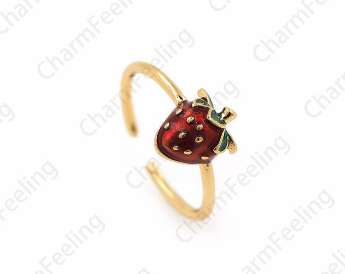 18K Gold Filled Strawberry Enamel Ring, Enamel Charm, Strawberry Charm, Enamel Multicolor Ring, Golden Open Ring,Adjustable Ring, Fruit Ring