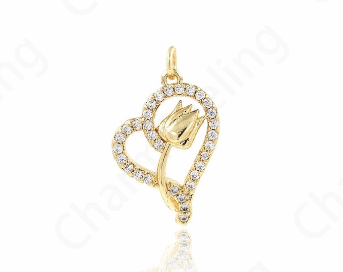 Micropavé CZ Heart Charm, Heart Rose Pendant, Botanical Charm, 18K Gold Filled Rose Charm, Love Necklace, DIY Jewelry Supplies,26.4x16.4x4mm