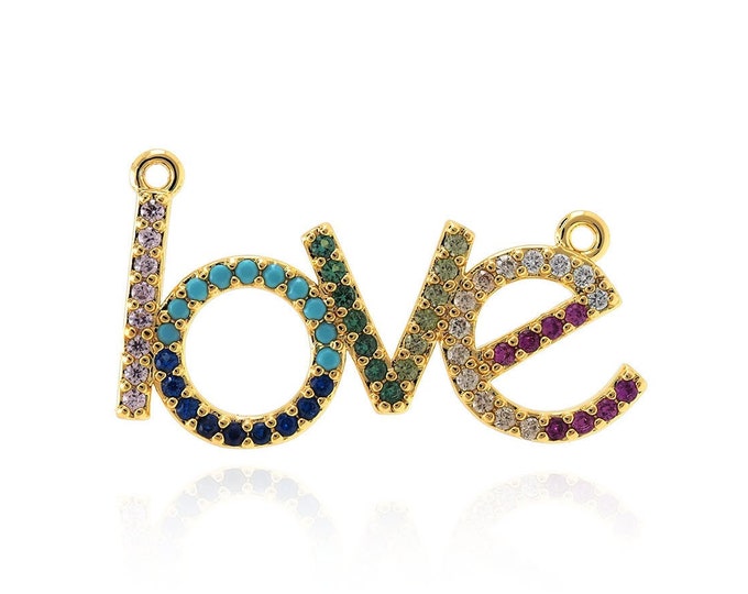 Love Necklace, 18K Gold Filled Long Necklace, LOVE Long Pendant, Letter Pendant, Micropavé CZ Love Charm,DIY Jewelry Accessories 14x25x1.5mm