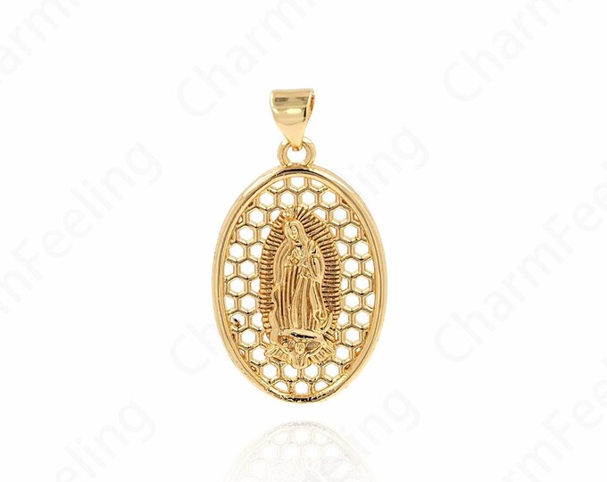 18K Gold Filled Virgin Mary Pendant, Micropavé Cubic Zirconia Strip Pendant, Virgin Necklace, DIY Jewelry Components 31.5x17x3mm