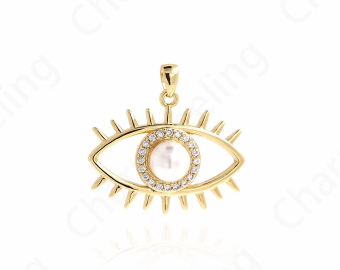 Micropavé CZ Devil's Eye Pendant,18K Gold Filled Pearl Charm,Eye Necklace, Lucky Eye Charm, DIY Jewelry Supplies, 25.5x26.5x8mm