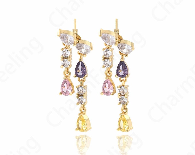 Micropavé CZ Fringe Earrings,Bar Earrings,Drop Earrings, Boho Earrings,18K Gold Filled Long Earrings, DIY Jewelry Supplies,14x3.6x32.7mm