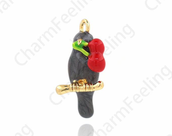 Enamel Bird Pendant,Fruit Charm, Cherry Charm,Enamel Charm, Bird Necklace, 18K Gold Filled Flying Charm, DIY Jewelry Supplies, 23x10.5x9mm