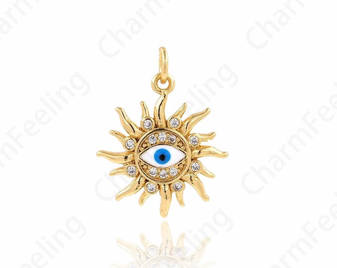 Micropavé CZ Sunshine Necklace, 18K Gold Filled with Devil's Eye Charm,Sun Eye Pendant,Enamel Charm, DIY Jewelry Accessories,22.5x17.5x2.5mm