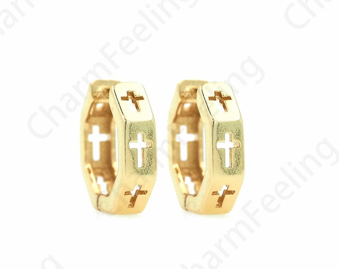 Brass Gold-Plated Earrings,18K Gold Filled Cross Earrings,Eeligious Earrings,Religious Charm, A Gift For Her 13.5x13.5x3.7mm1 Pair
