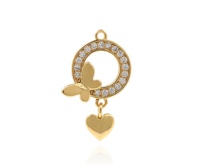 Butterfly Pendant,Micropavé CZ Heart Charm, Circle Necklace, 18K Gold Filled Flying Necklace,Love Pendant,DIY Jewelry Supplies, 14x6.5x2.5mm