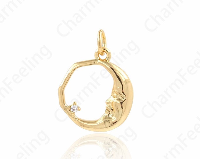 Crescent Moon Charm, Face Charm, Moon Pendant, 18K Gold Filled Moon Necklace, Face Pendant, DIY Jewelry Supplies, 15x11.5x2mm