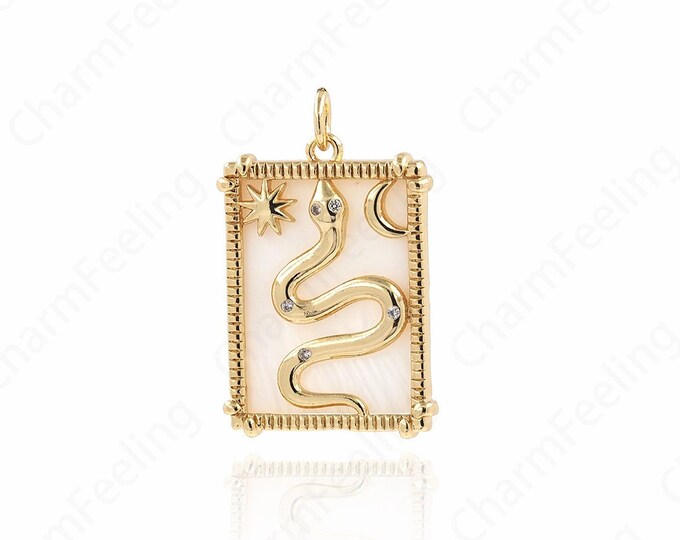 Snake Charm, 18K Gold Filled Snake Pendant,Shell Charm,Rectangular Reptile Necklace, Micropavé CZ Animal Pendant, 27x17.5x3mm