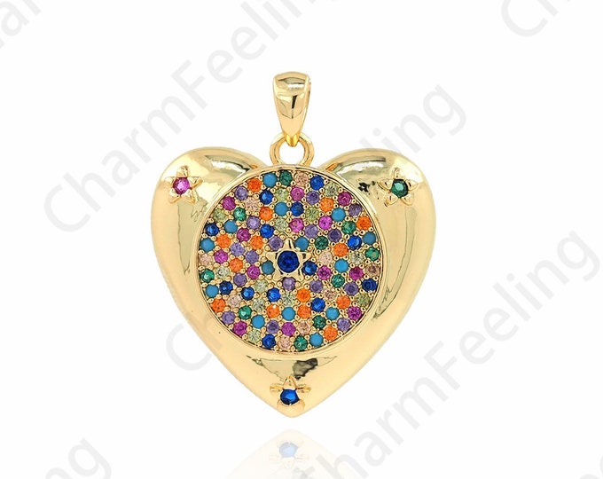 Micropavé CZ Heart Pendant, 18K Gold Filled Love Charm, Puffed Heart Pendant, Love Necklace, DIY Jewelry Supplies, 26.5x22x4mm