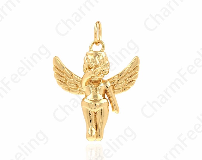 Weeping Angel Charm, 18K Gold Filled Angel Pendant, Cupid Charm, Eros Necklace, DIY Jewelry Supplies, 17.5x23.5x6mm