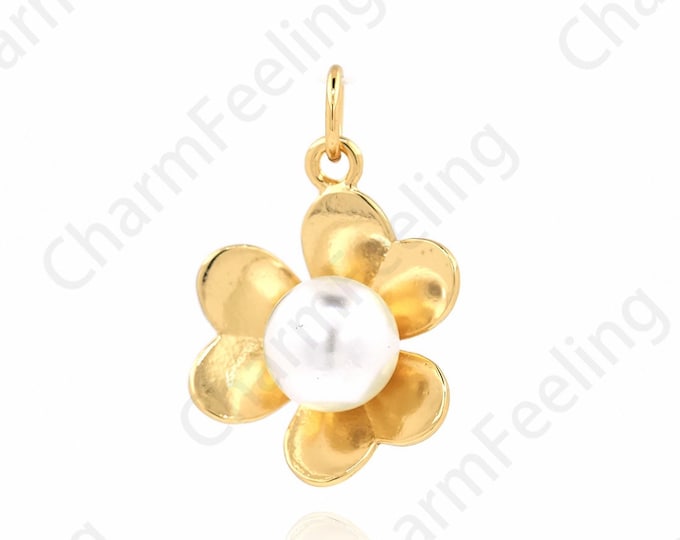 Pearl Flower Pendant, Pearl Charm, 18K Gold Filled Plant Charm, Flower Necklace, Flower Charm, DIY Jewelry Supplies, 21x13.5x8mm