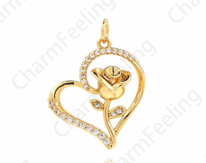 Heart Rose Pendant, Botanical Charm, 18K Gold Filled Rose Charm, Love Necklace, Micropavé CZ Heart Charm, DIY Jewelry Supplies, 26x19x4.5mm