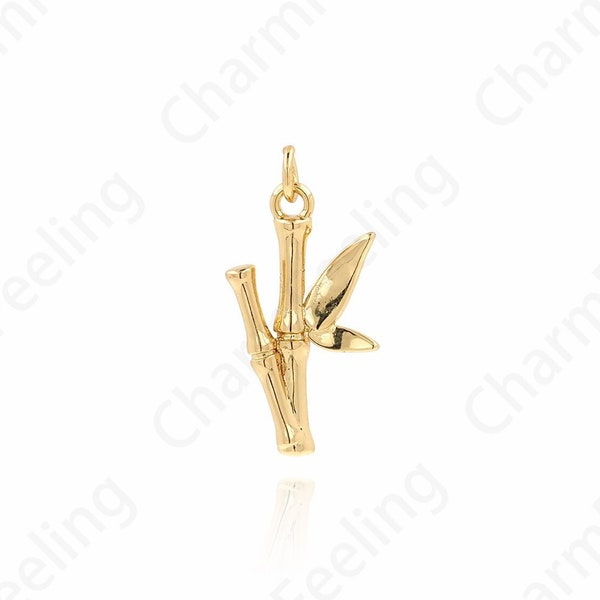 Bamboo Pendant, 18K Gold Filled Bamboo Necklace, Botanical Charm, Bamboo Charm, DIY Jewelry Supplies, 21.5x11x2.5mm