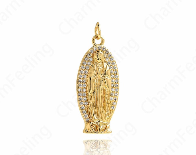Micropavé CZ Oval Maria Pendant, Catholic Charm, Our Lady Pendant, 18K Gold Filled Madonna Charm,DIY Jewelry Supplies, 28x12.5x2.2mm