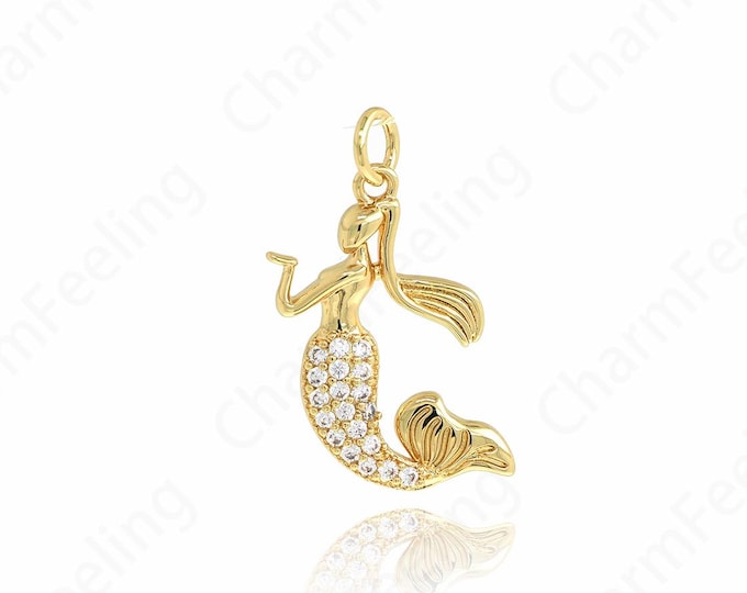 Ocean Necklace, Mermaid Pendant,Marine Life Pendant, 18K Gold Filled Mystical Creature Charm, DIY Jewelry Supplies, 25.5x18x2.5mm