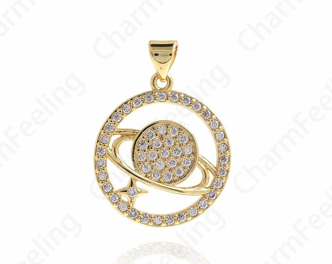 Micropavé CZ Saturn Charm, 18K Gold Filled Planet Charm, Planet Pendant, Saturn Necklace, DIY Jewelry Accessories, 26.6x19.8x2.8mm